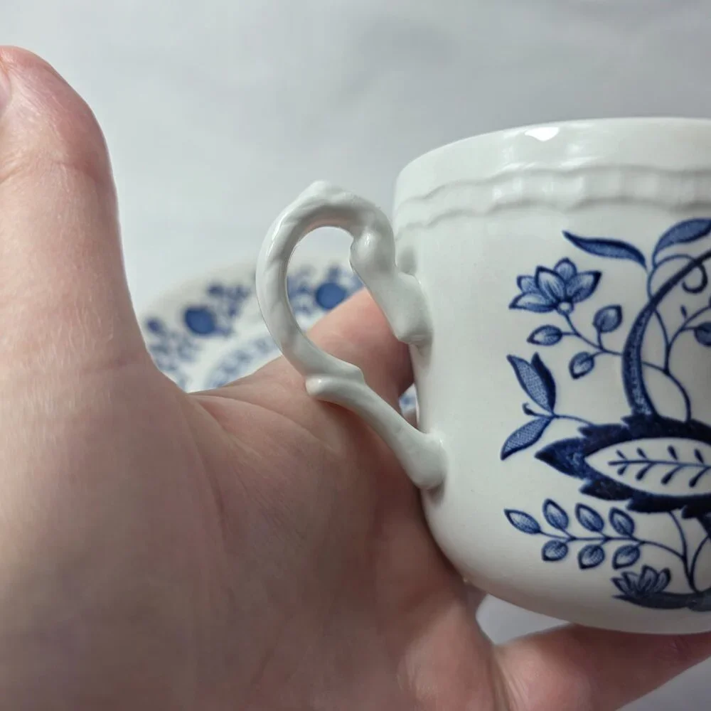 Wedgwood Blue Heritage Cup and Saucers (1 Cup 2 Saucers) White Blue Onion Design